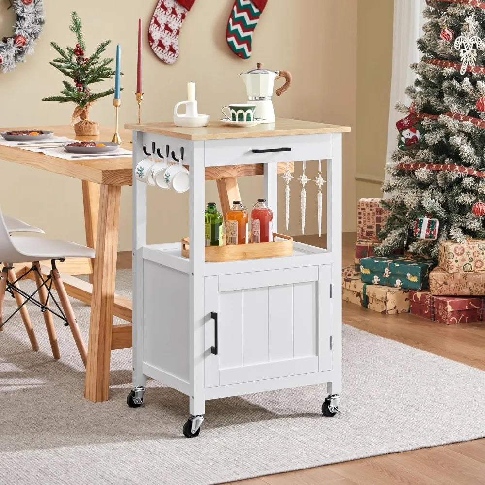 Rolling Kitchen Island Cart with Storage, Wood Top, 6 Hooks, White