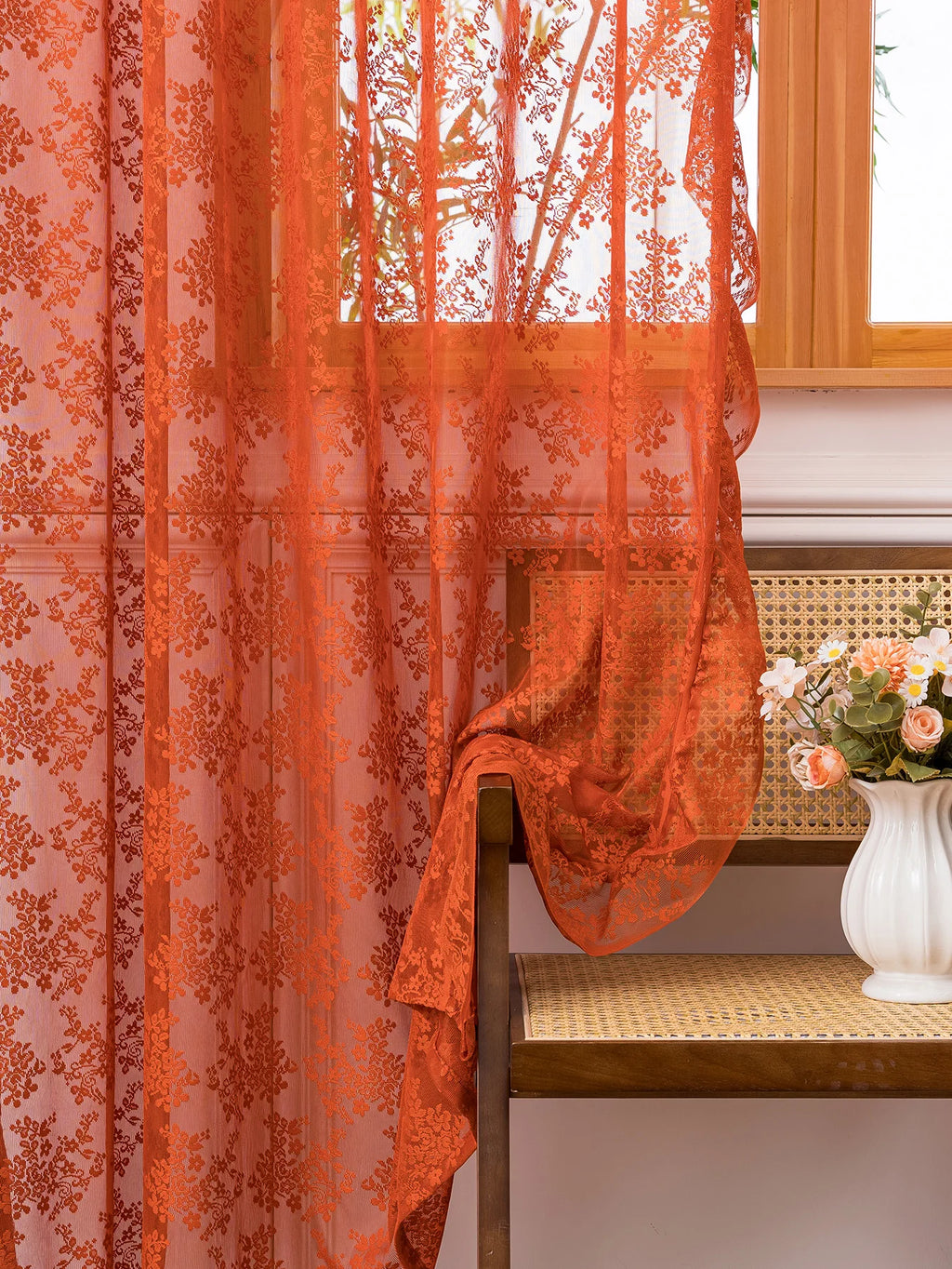 Premium Boho Burnt Orange Sheer Curtains - Vintage Floral Lace Window Treatments with Scalloped Edge