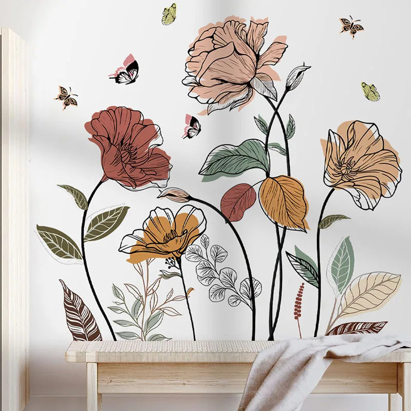 1 Set Bohemian Flower Wall Stickers, Wild Flowers, Grasses, Fruits And Leaves, And Stick-on Wall Art Decals, For Living Room, Be