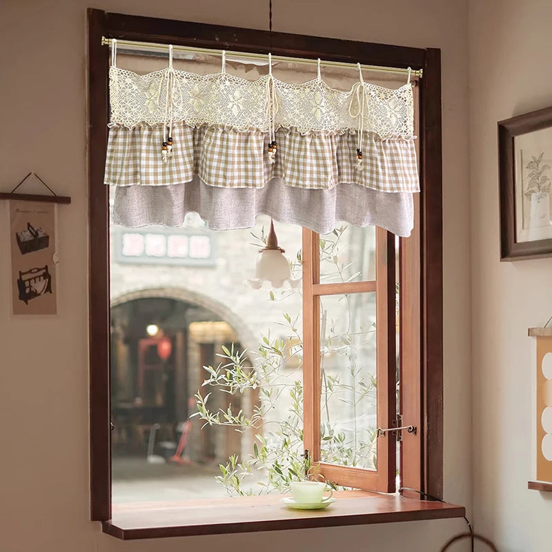 Plaid Ruffled Crochet Cafe Curtain