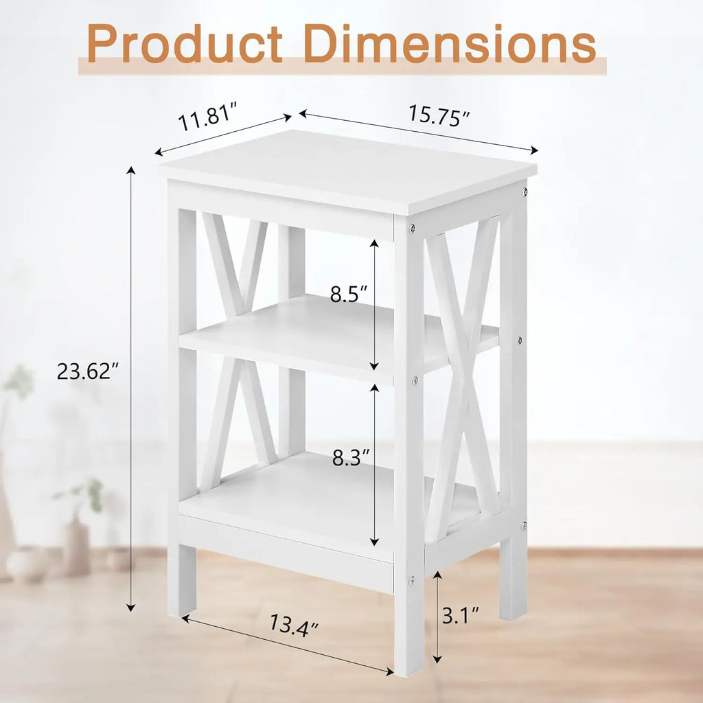 End Table Set of 2 | 24" Tall White Nightstand with 3-Tier Shelves
