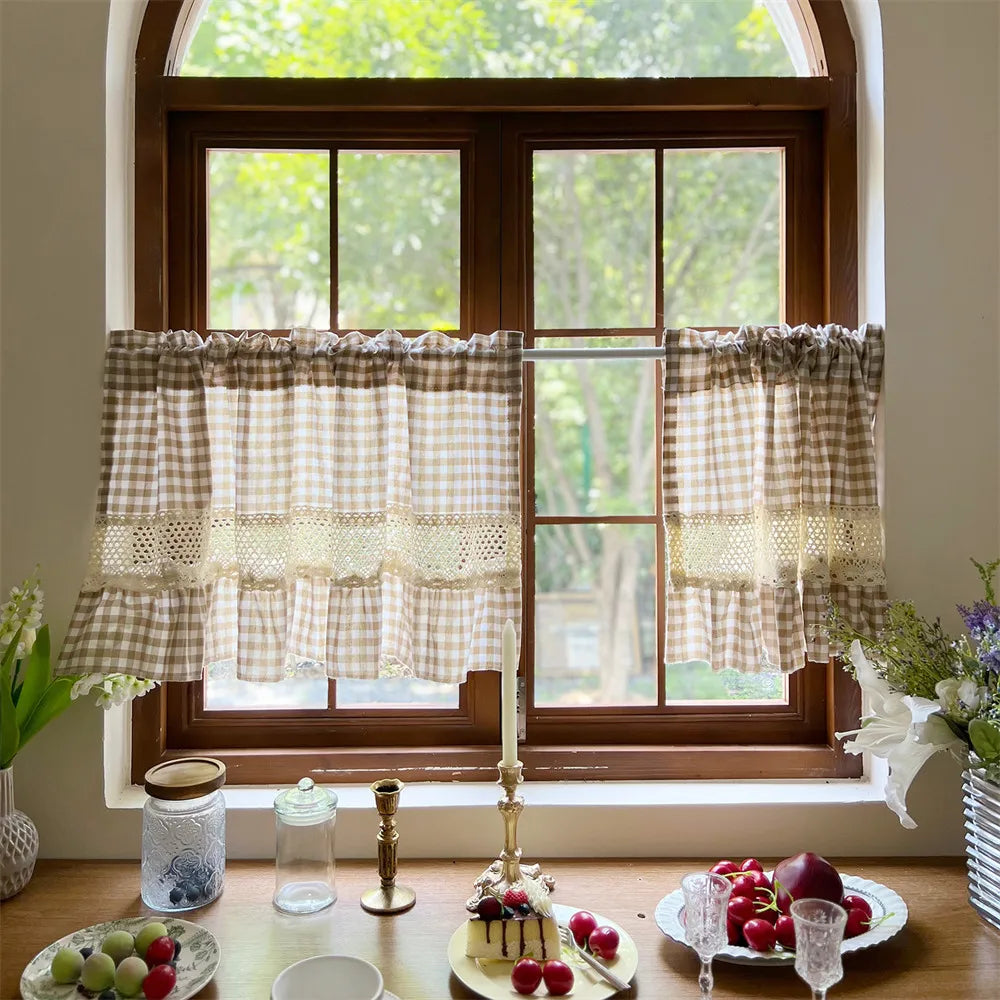 Beige Gingham Crochet Lace Cafe Curtain
