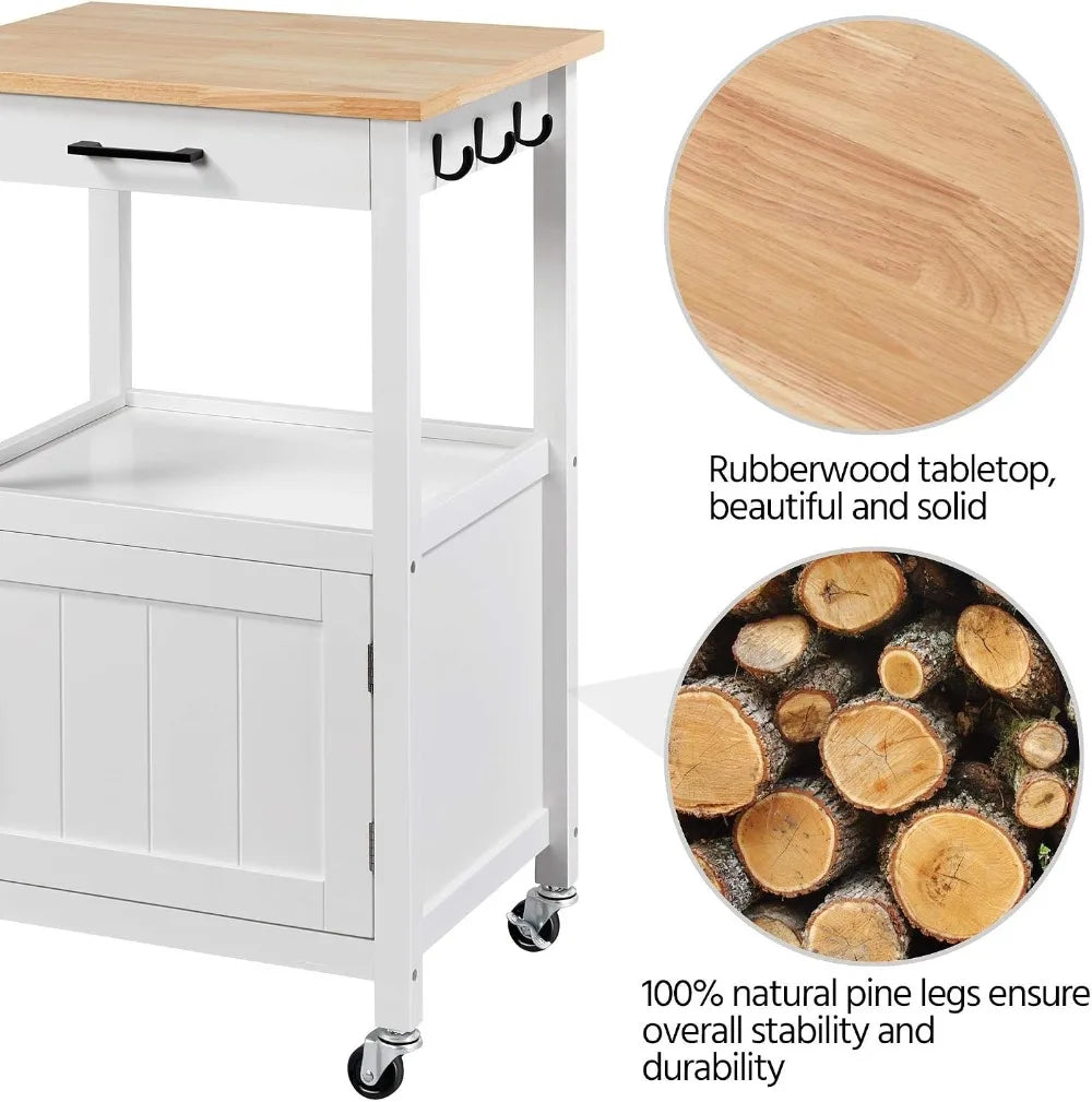 Rolling Kitchen Island Cart with Storage, Wood Top, 6 Hooks, White