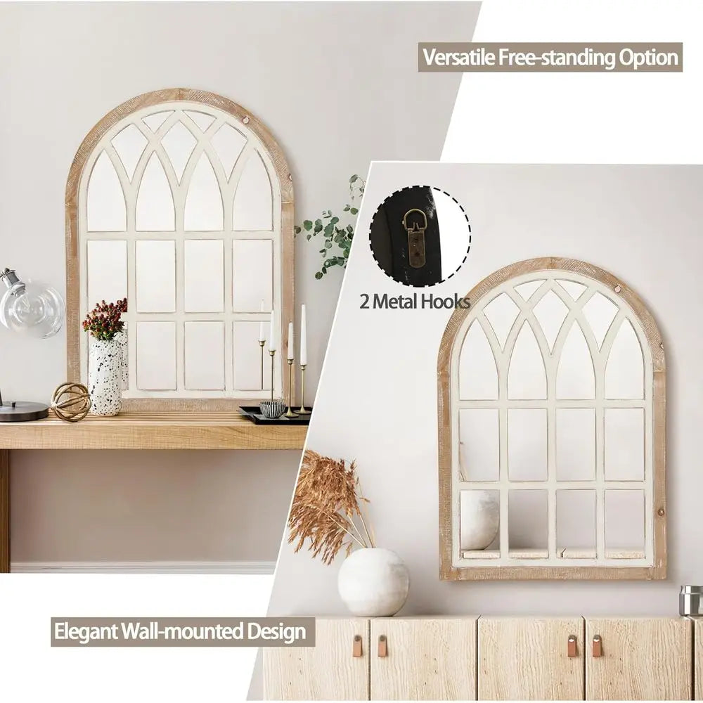 Large Window Pane Wall Mirror | White & Brown Frame | 24" x 34" | Farmhouse Decor