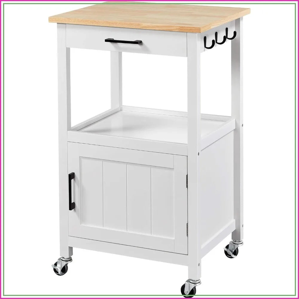 Rolling Kitchen Island Cart with Storage, Wood Top, 6 Hooks, White
