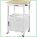 Rolling Kitchen Island Cart with Storage, Wood Top, 6 Hooks, White