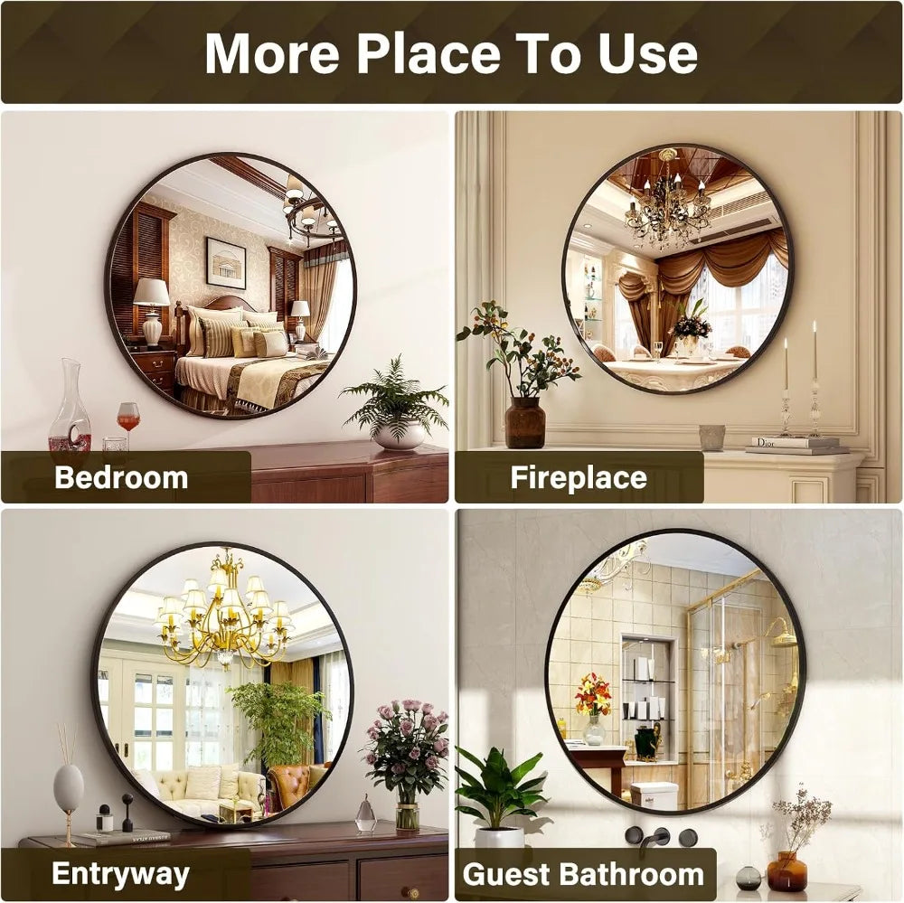 30" Round Wall Mirror | Matte Black Metal Frame for Bathroom, Entryway & Living Room