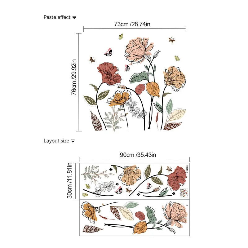 1 Set Bohemian Flower Wall Stickers, Wild Flowers, Grasses, Fruits And Leaves, And Stick-on Wall Art Decals, For Living Room, Be