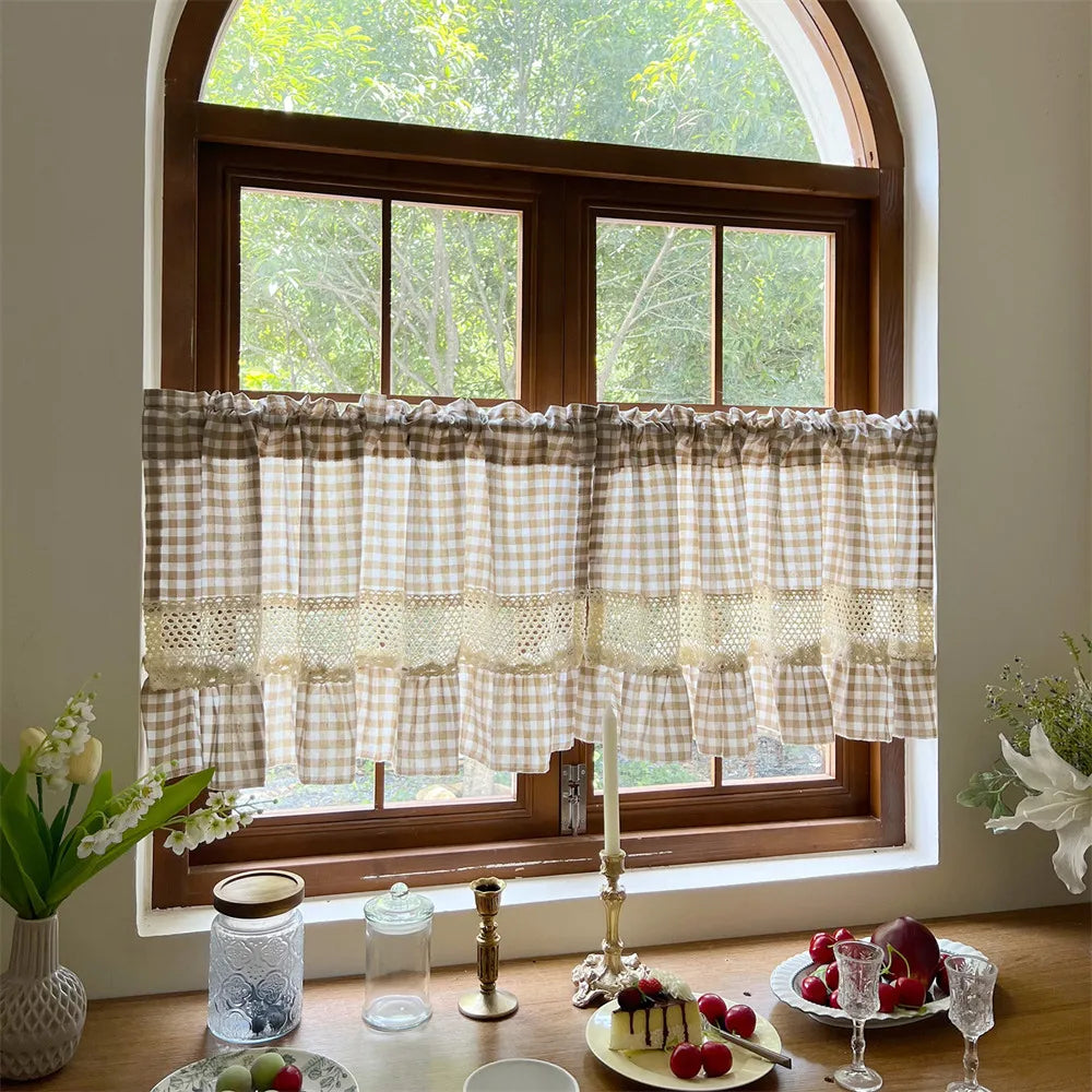 Beige Gingham Crochet Lace Cafe Curtain