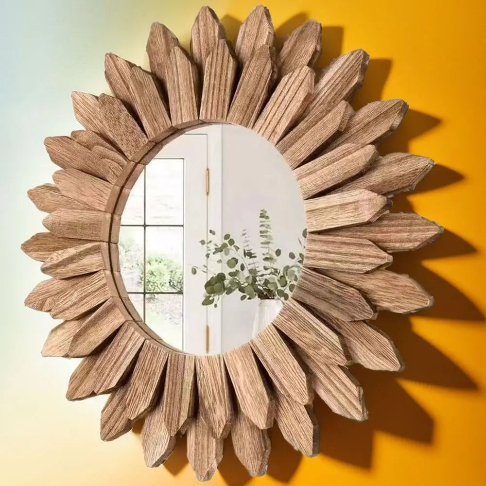 12" Rustic Wooden Farmhouse Mirror | Round Wall Mounted Vanity Mirror