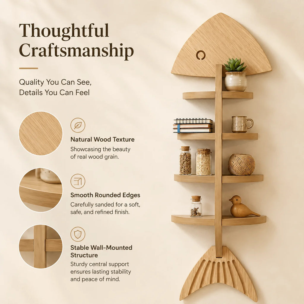 Cute Fish Skeleton Design Wooden Wall Decor Shelf, Multi-Tier Hanging Display Floating Shelves for Small Plants, Figurines, Books, Bathroom & Farmhouse Wall Decoration