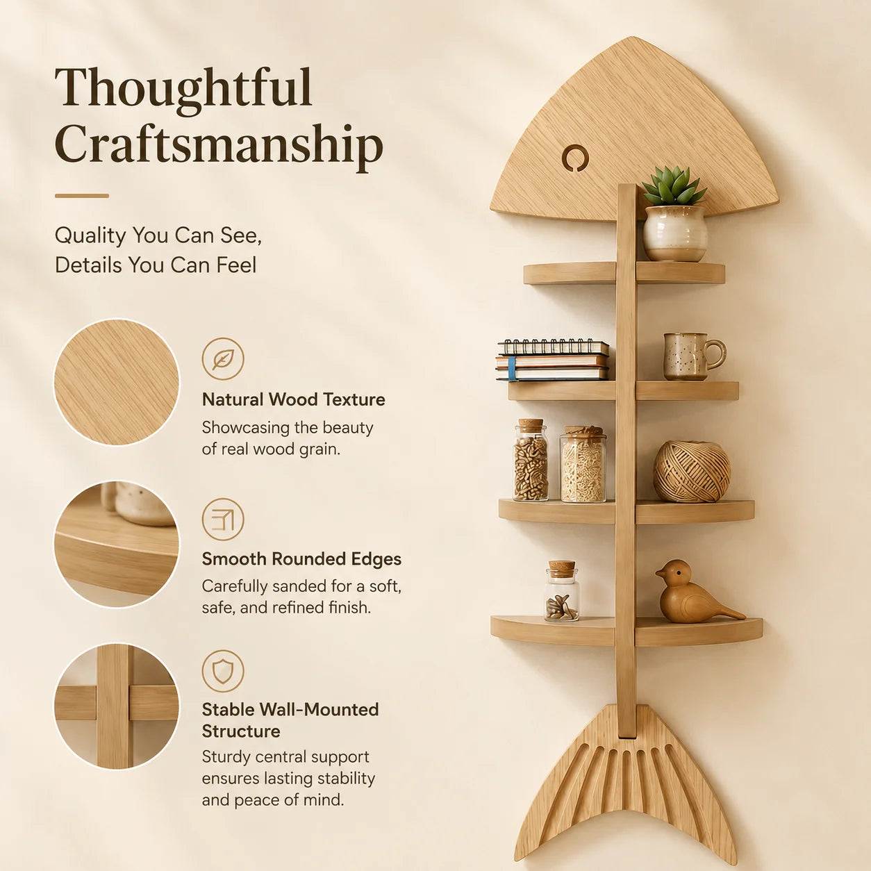Cute Fish Skeleton Design Wooden Wall Decor Shelf, Multi-Tier Hanging Display Floating Shelves for Small Plants, Figurines, Books, Bathroom & Farmhouse Wall Decoration