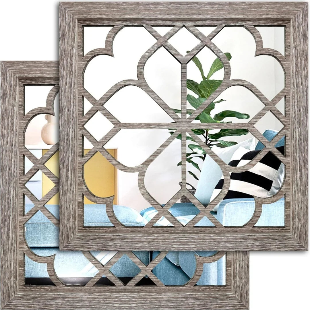 Retro Wooden Acrylic Wall Mirror – Set of 2