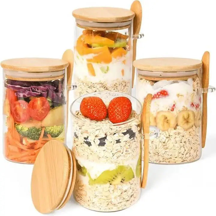 4-Piece Glass Storage Jar Set with Bamboo Lids & Spoons