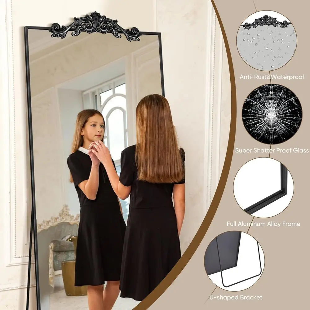 65" x 22" Large Arched Floor Mirror | Black | Bedroom, Living Room & Cloakroom