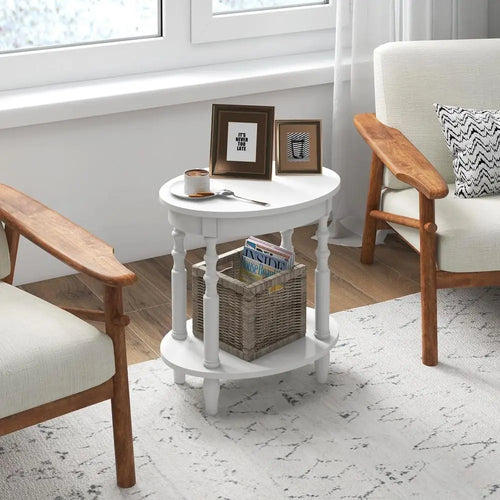 2-Piece Oval End Table Set | 2-Tier Storage Side Tables with Solid Wood Legs | White