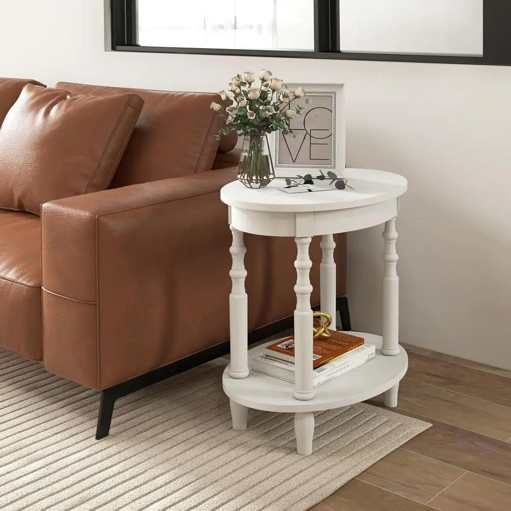 2-Piece Oval End Table Set | 2-Tier Storage Side Tables with Solid Wood Legs | White
