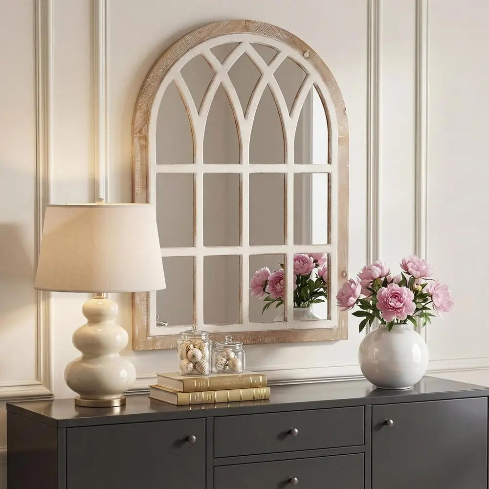 Large Window Pane Wall Mirror | White & Brown Frame | 24" x 34" | Farmhouse Decor