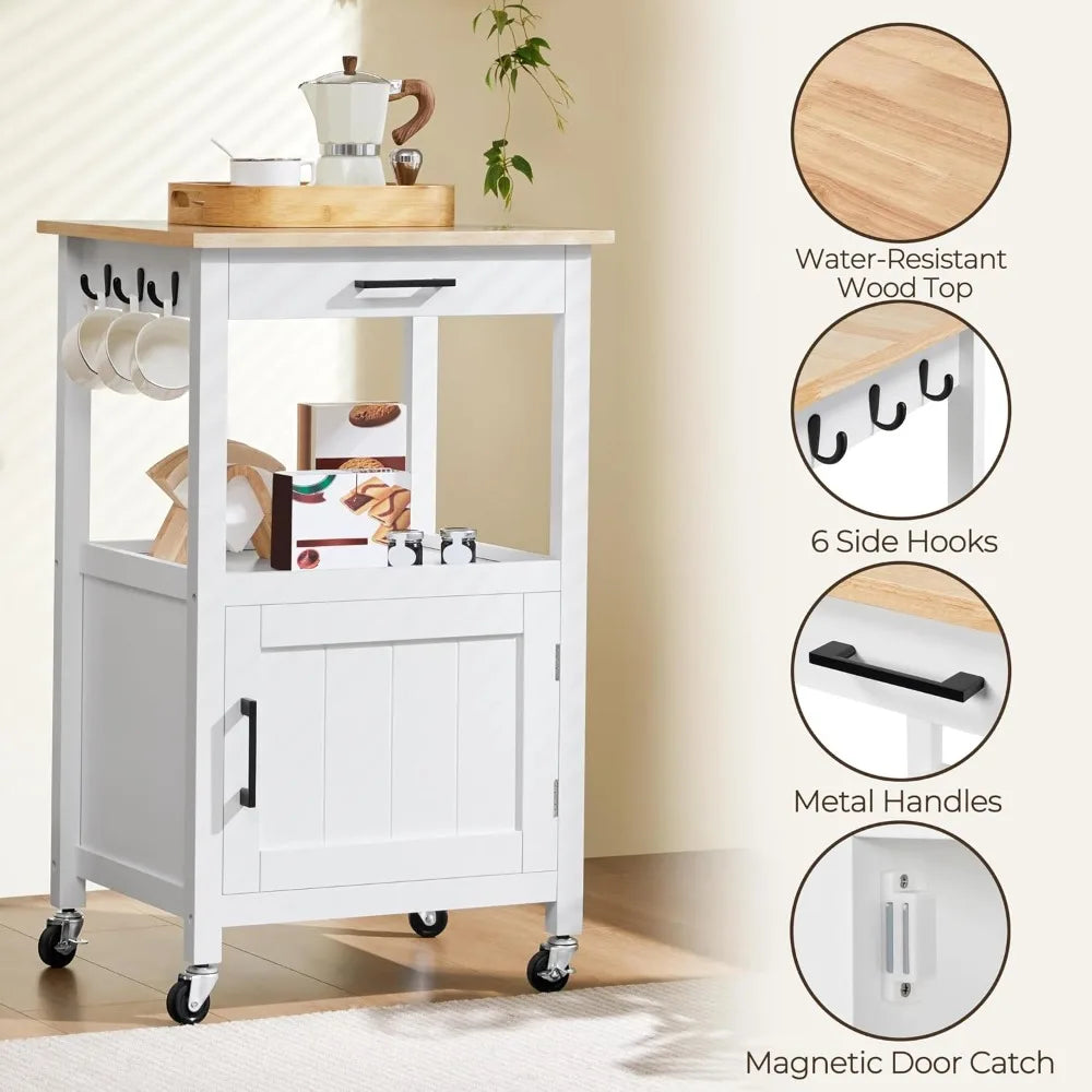 Rolling Kitchen Island Cart with Storage, Wood Top, 6 Hooks, White