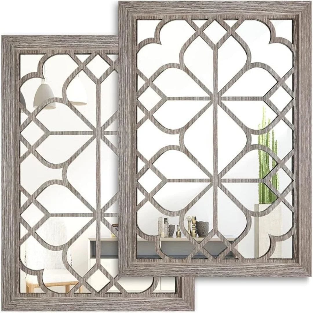Retro Wooden Acrylic Wall Mirror – Set of 2