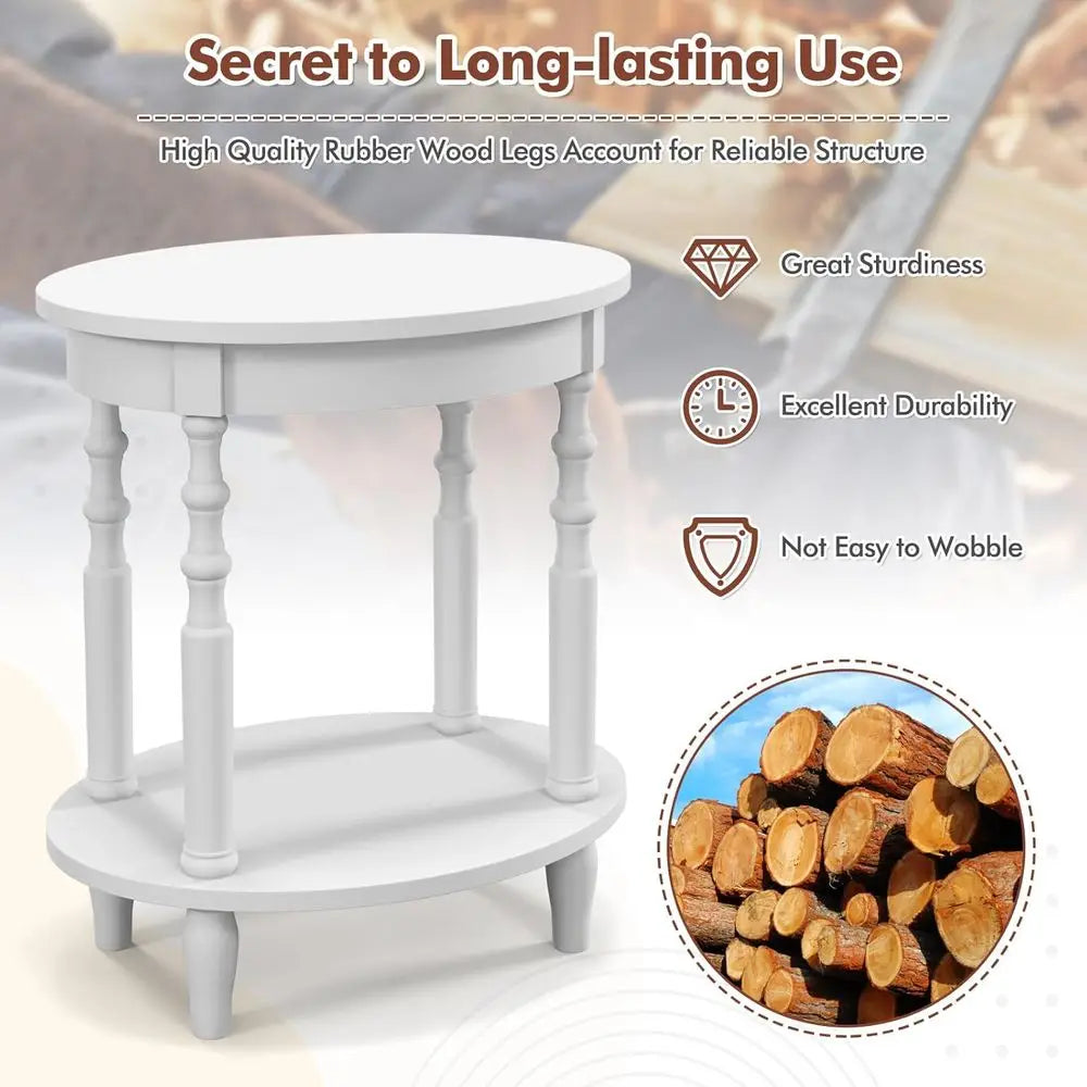 2-Piece Oval End Table Set | 2-Tier Storage Side Tables with Solid Wood Legs | White