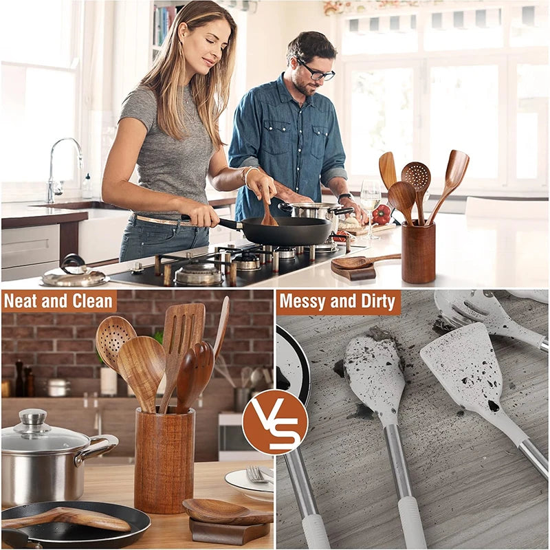 Natural Teak Wooden Kitchen Utensil Set