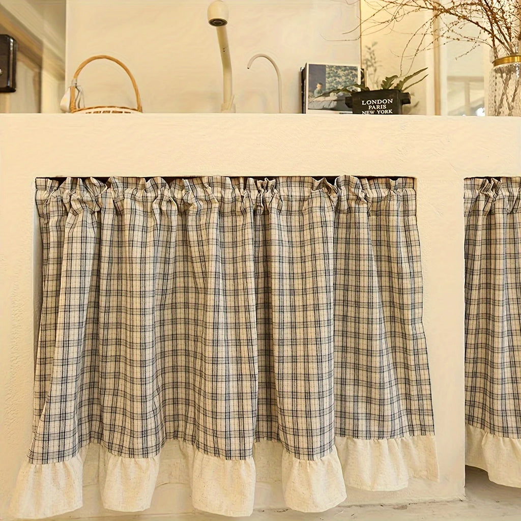 Linen Ruffled Grid Half Curtain with Rod
