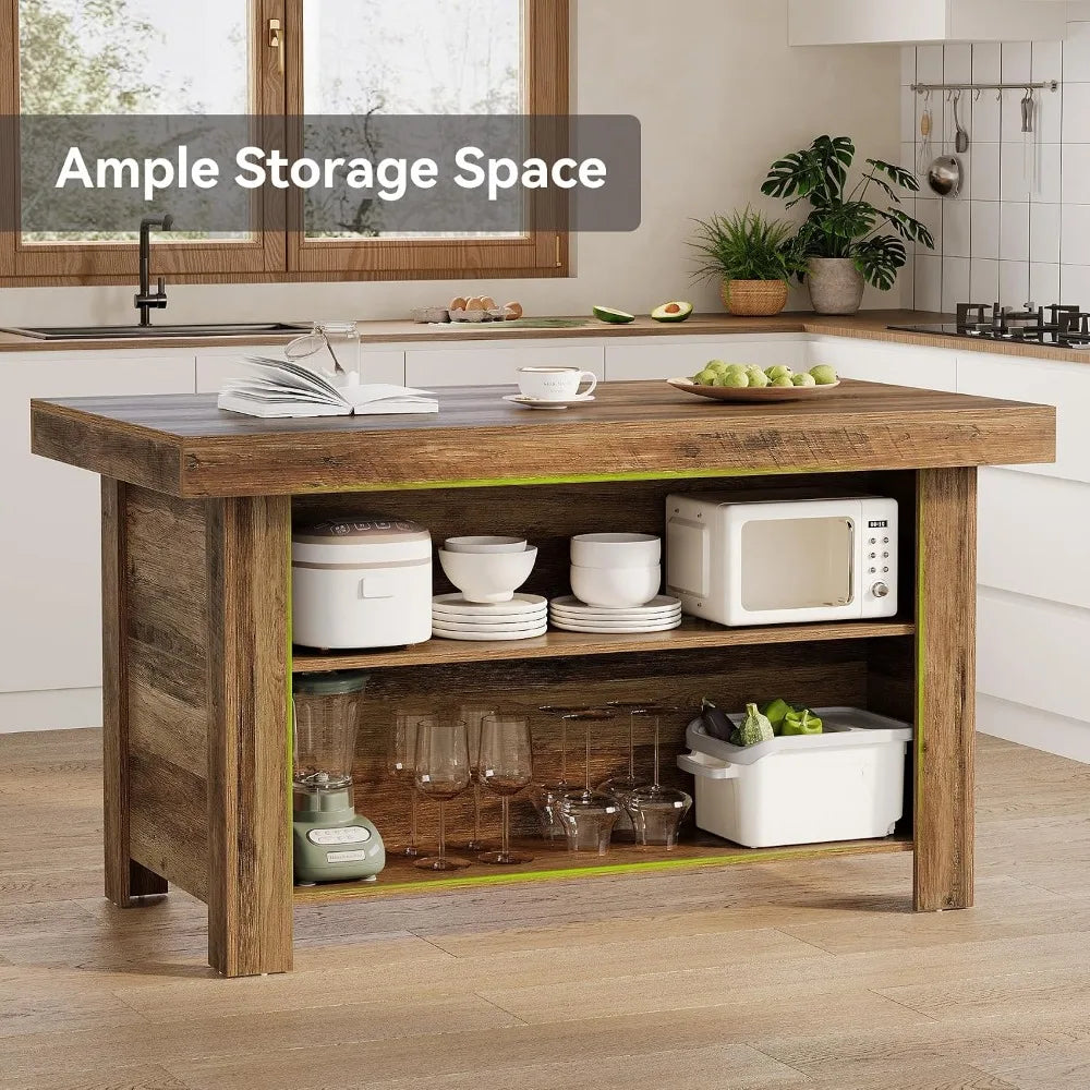 55" Kitchen Island with Storage, 3-Tier Farmhouse Stationary Table, Large Worktop, Rustic Brown