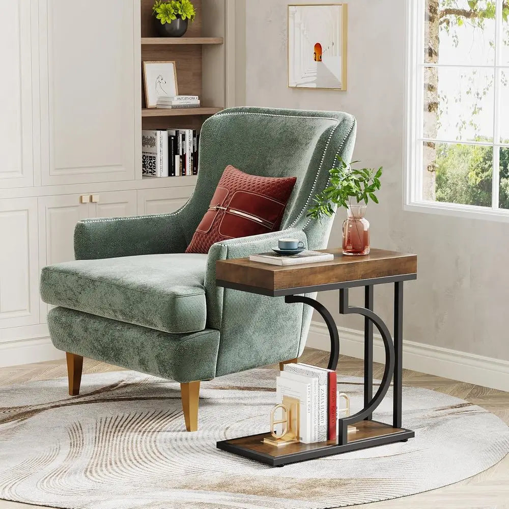 C-Shaped Narrow Side Table | Brown & Black Metal Frame | Bedside & Couch Table