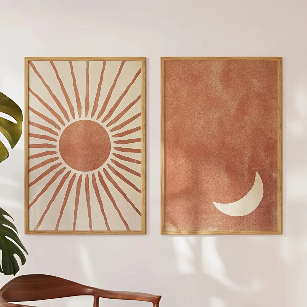 2pcs/set Boho Moon Sun Canvas Print Poster Modern Minimalist Abstract Art Prints Bedroom Wall Art Autumn Home Decor Art Poster