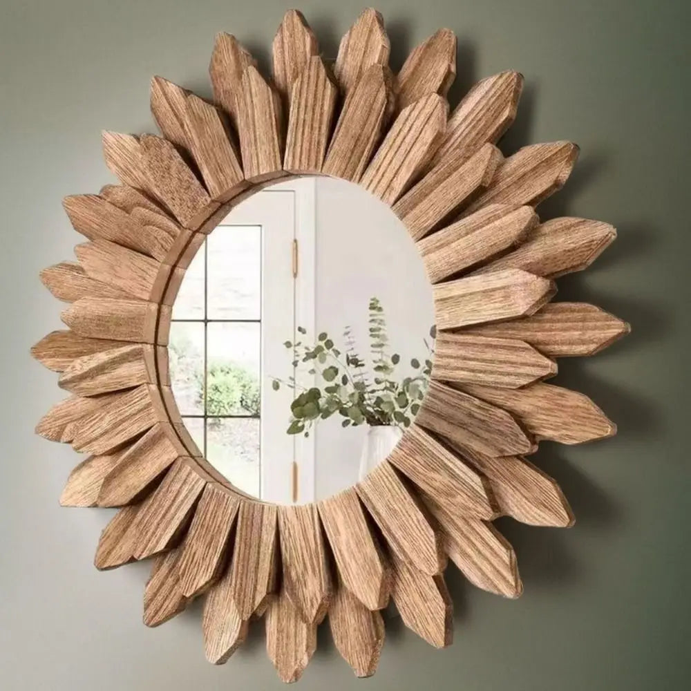 12" Rustic Wooden Farmhouse Mirror | Round Wall Mounted Vanity Mirror