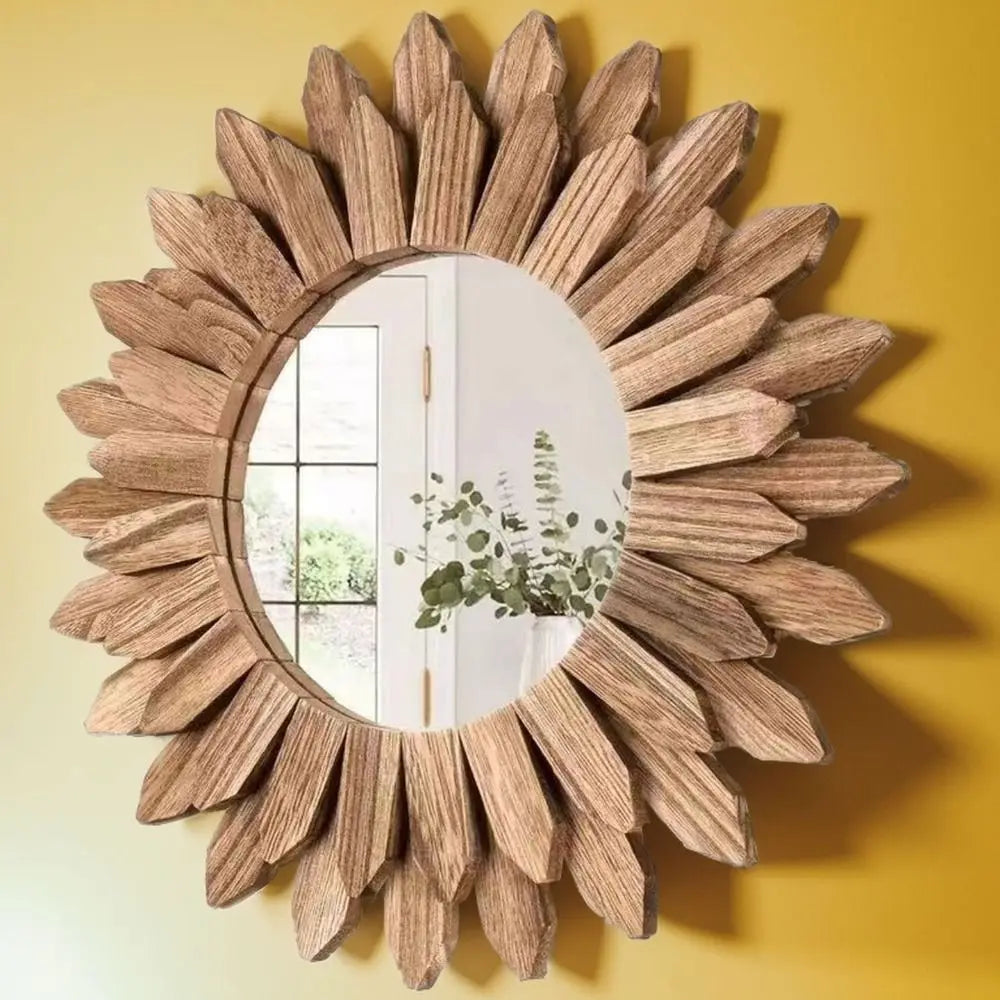 12" Rustic Wooden Farmhouse Mirror | Round Wall Mounted Vanity Mirror