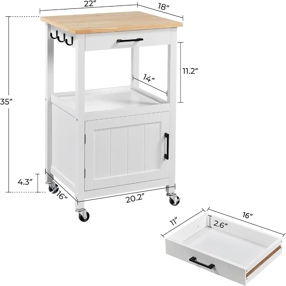 Rolling Kitchen Island Cart with Storage, Wood Top, 6 Hooks, White
