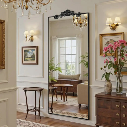65" x 22" Large Arched Floor Mirror | Black | Bedroom, Living Room & Cloakroom