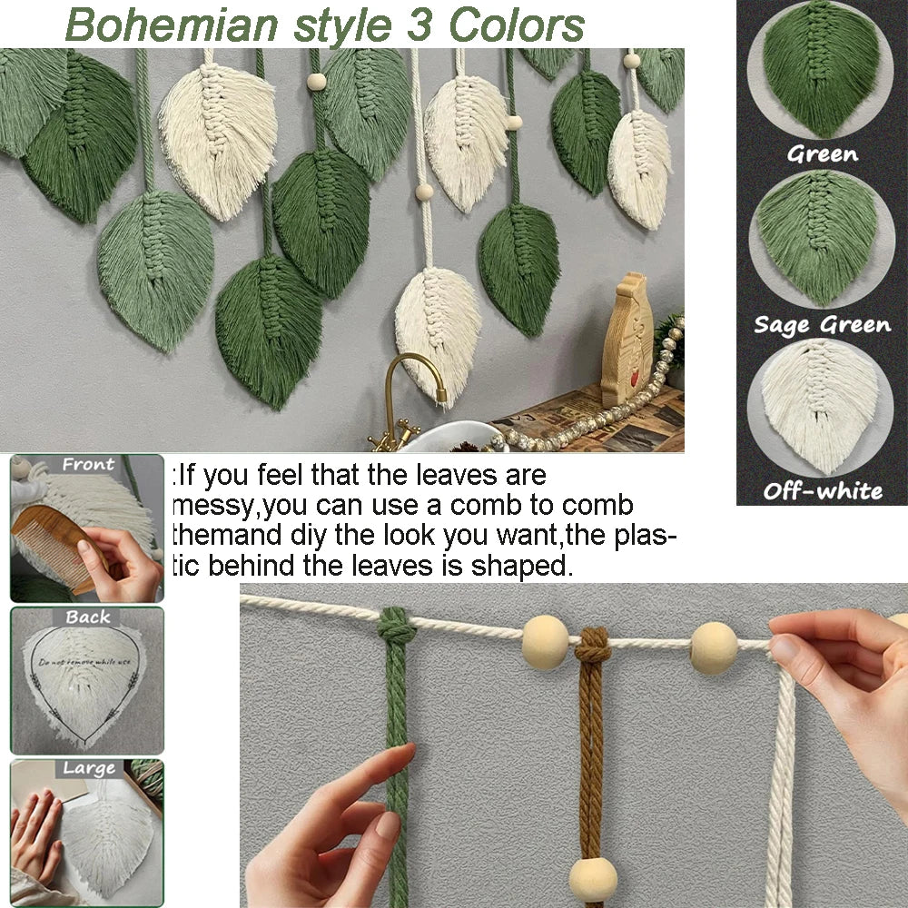 120x75cm Bohemian Wall Hanging Leaves Tassels Tapestry Panel Macrame Green Leaf Chic Home Decor Ornaments bedroom Christmas Gift