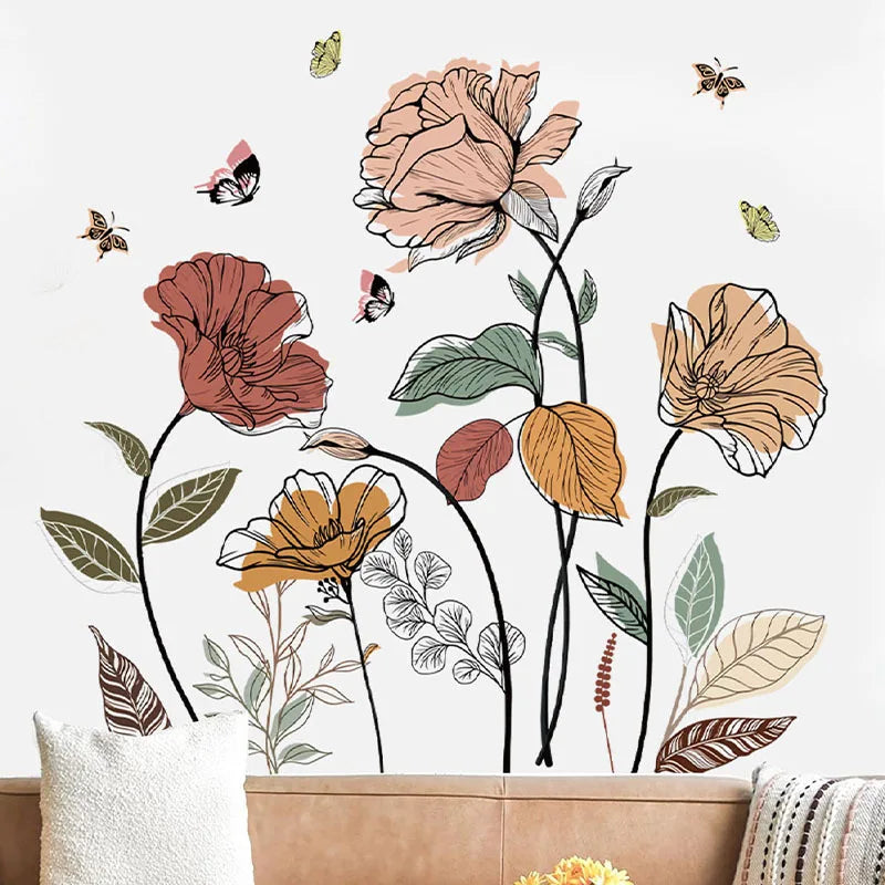 1 Set Bohemian Flower Wall Stickers, Wild Flowers, Grasses, Fruits And Leaves, And Stick-on Wall Art Decals, For Living Room, Be