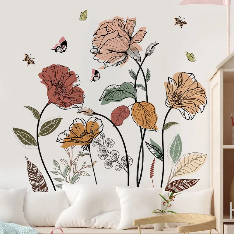 1 Set Bohemian Flower Wall Stickers, Wild Flowers, Grasses, Fruits And Leaves, And Stick-on Wall Art Decals, For Living Room, Be