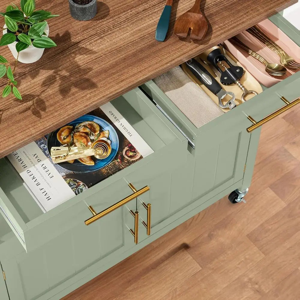 36" Rolling Kitchen Island Cart with Cabinet, Drawers, Pull-Out Shelf & Power Outlet | Lockable Wheels