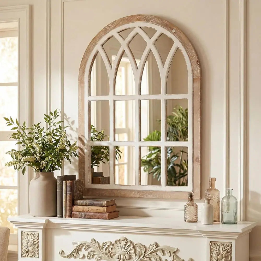 Large Window Pane Wall Mirror | White & Brown Frame | 24" x 34" | Farmhouse Decor