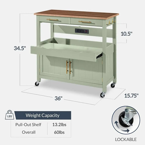 36" Rolling Kitchen Island Cart with Cabinet, Drawers, Pull-Out Shelf & Power Outlet | Lockable Wheels
