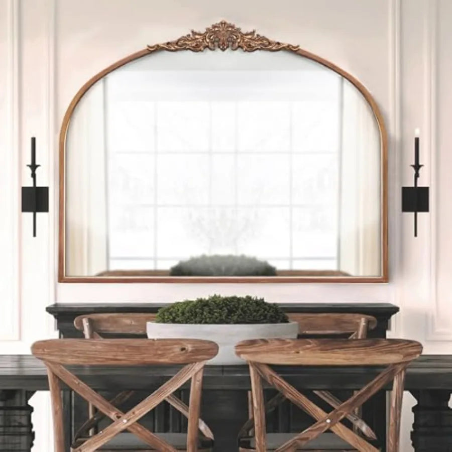 Vintage Arched Wall Mirror | 36" x 30" Antique Brass Gold | Ornate Baroque Style