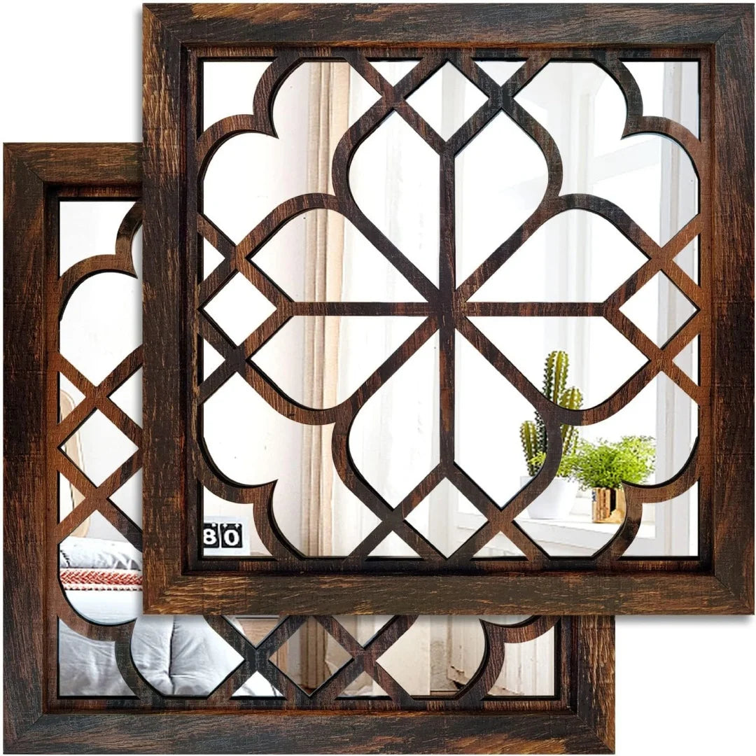 Retro Wooden Acrylic Wall Mirror – Set of 2