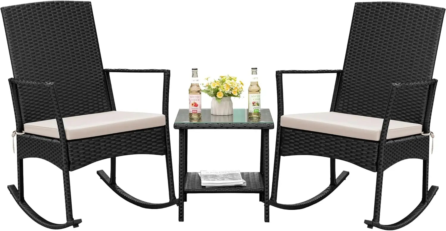 Flamaker Rocking Chair Outdoor PE Rattan Patio Chairs Glass Table High Back Porch Rocker for Balcony Garden Backyard (Beige)