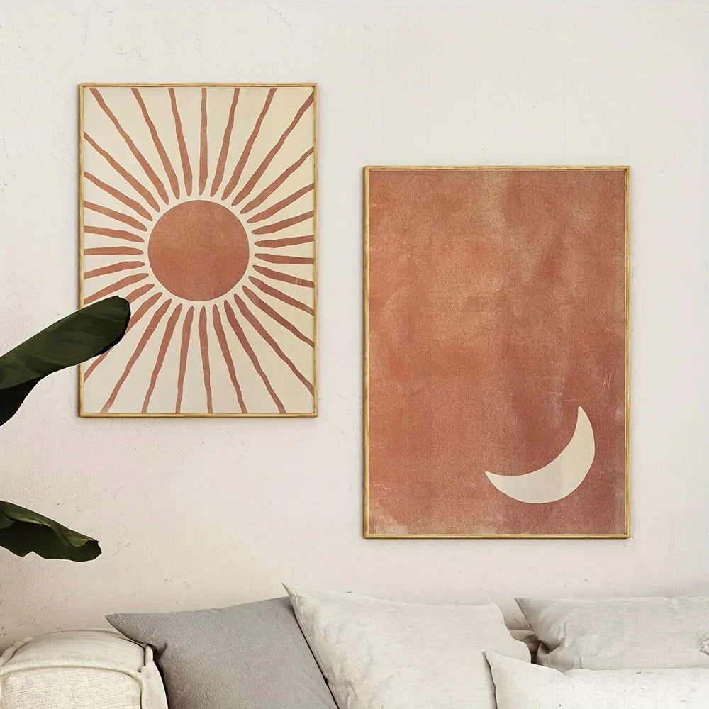 2pcs/set Boho Moon Sun Canvas Print Poster Modern Minimalist Abstract Art Prints Bedroom Wall Art Autumn Home Decor Art Poster