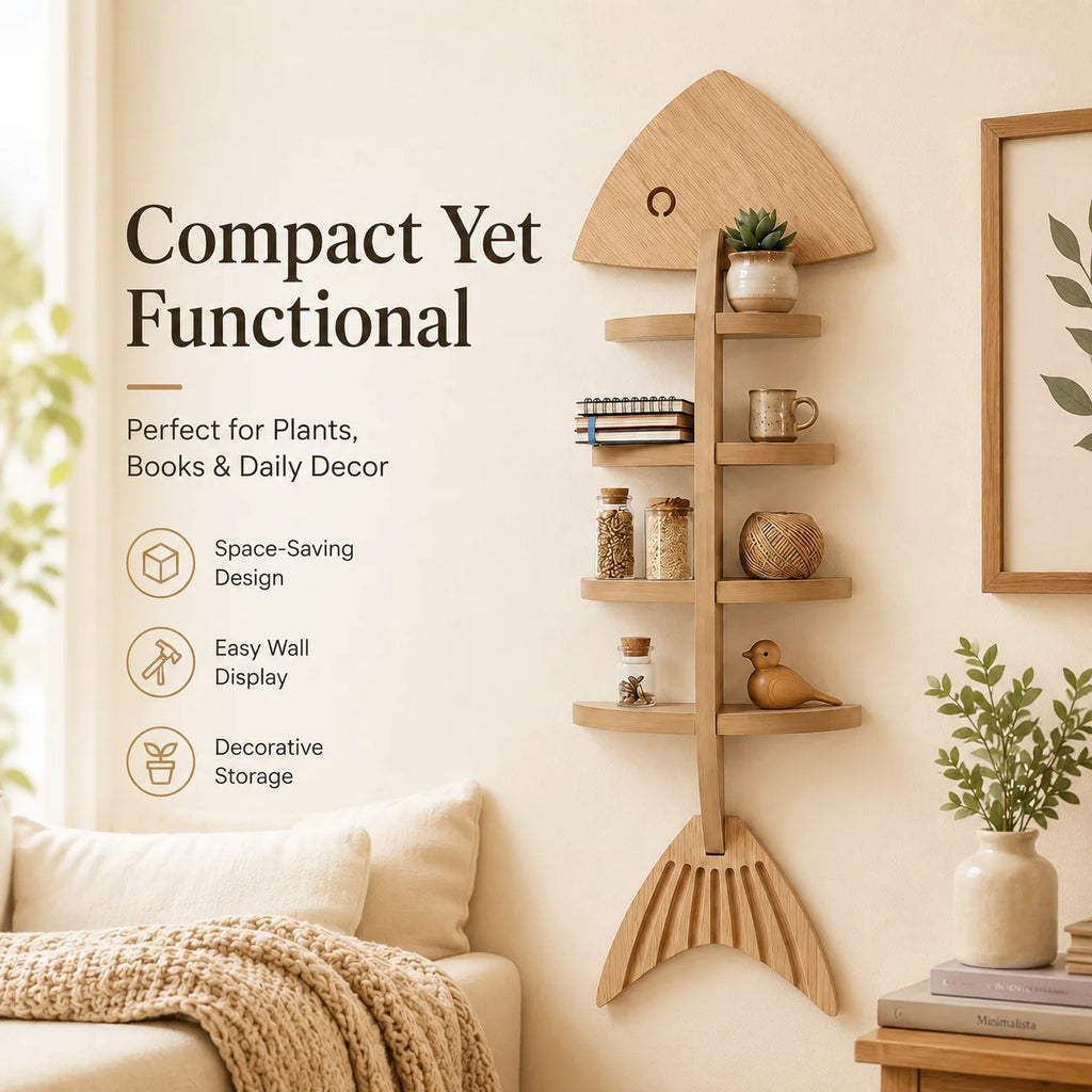 Cute Fish Skeleton Design Wooden Wall Decor Shelf, Multi-Tier Hanging Display Floating Shelves for Small Plants, Figurines, Books, Bathroom & Farmhouse Wall Decoration