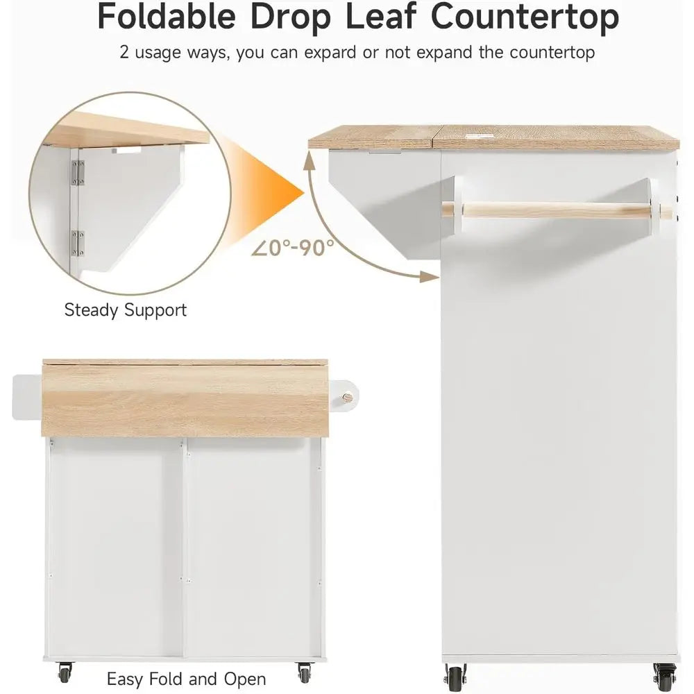 31.5" Kitchen Island with Drop Leaf, Power Outlet & Sliding Barn Door | 3 Drawers, Spice Rack & Towel Bar