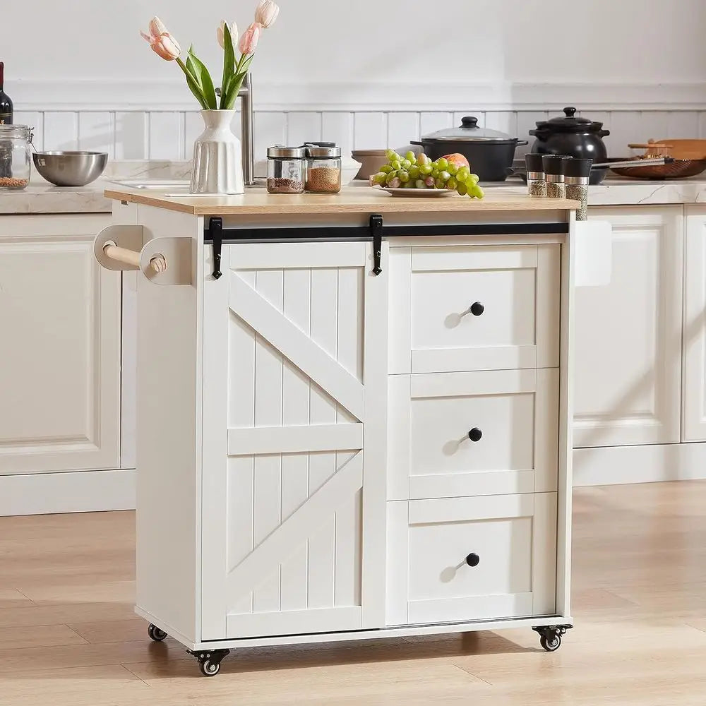 31.5" Kitchen Island with Drop Leaf, Power Outlet & Sliding Barn Door | 3 Drawers, Spice Rack & Towel Bar
