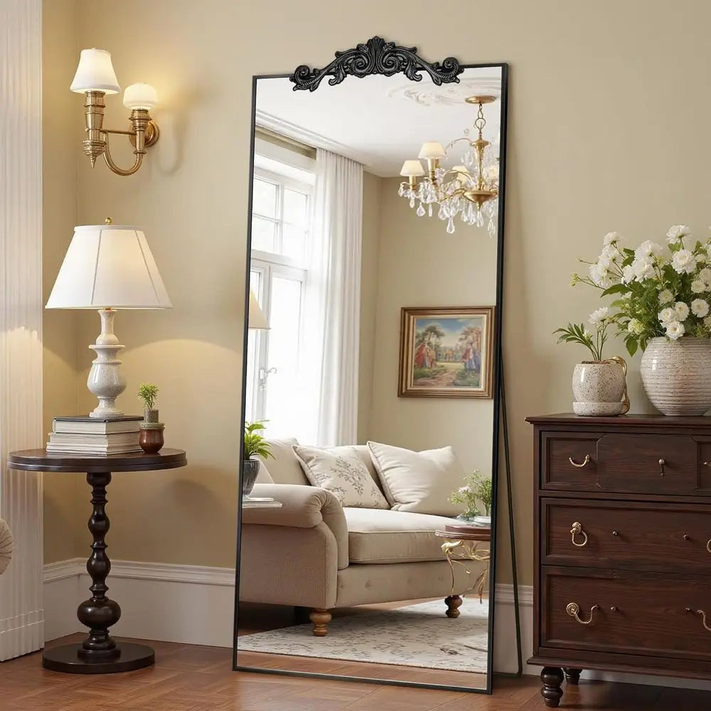 65" x 22" Large Arched Floor Mirror | Black | Bedroom, Living Room & Cloakroom