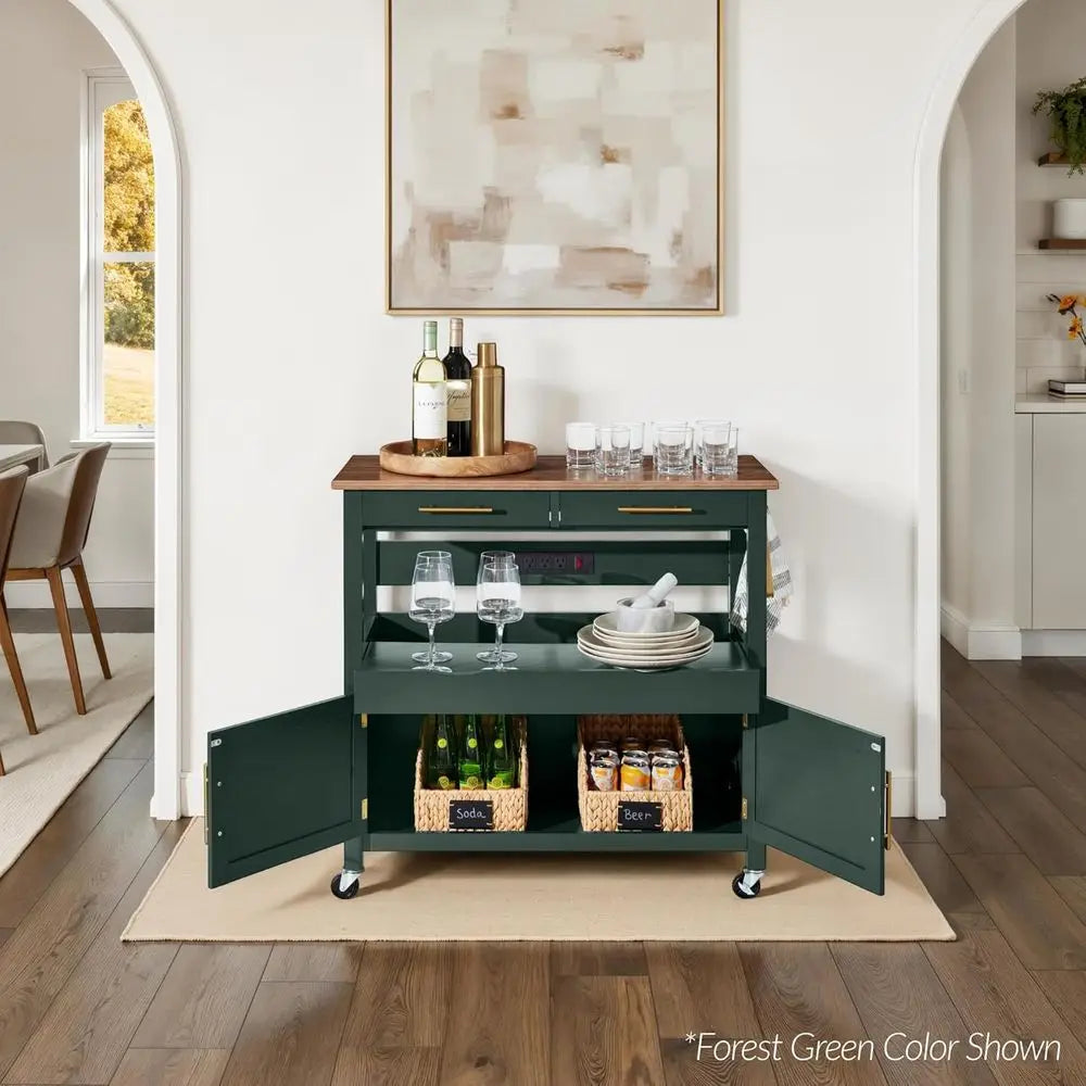 36" Rolling Kitchen Island Cart with Cabinet, Drawers, Pull-Out Shelf & Power Outlet | Lockable Wheels