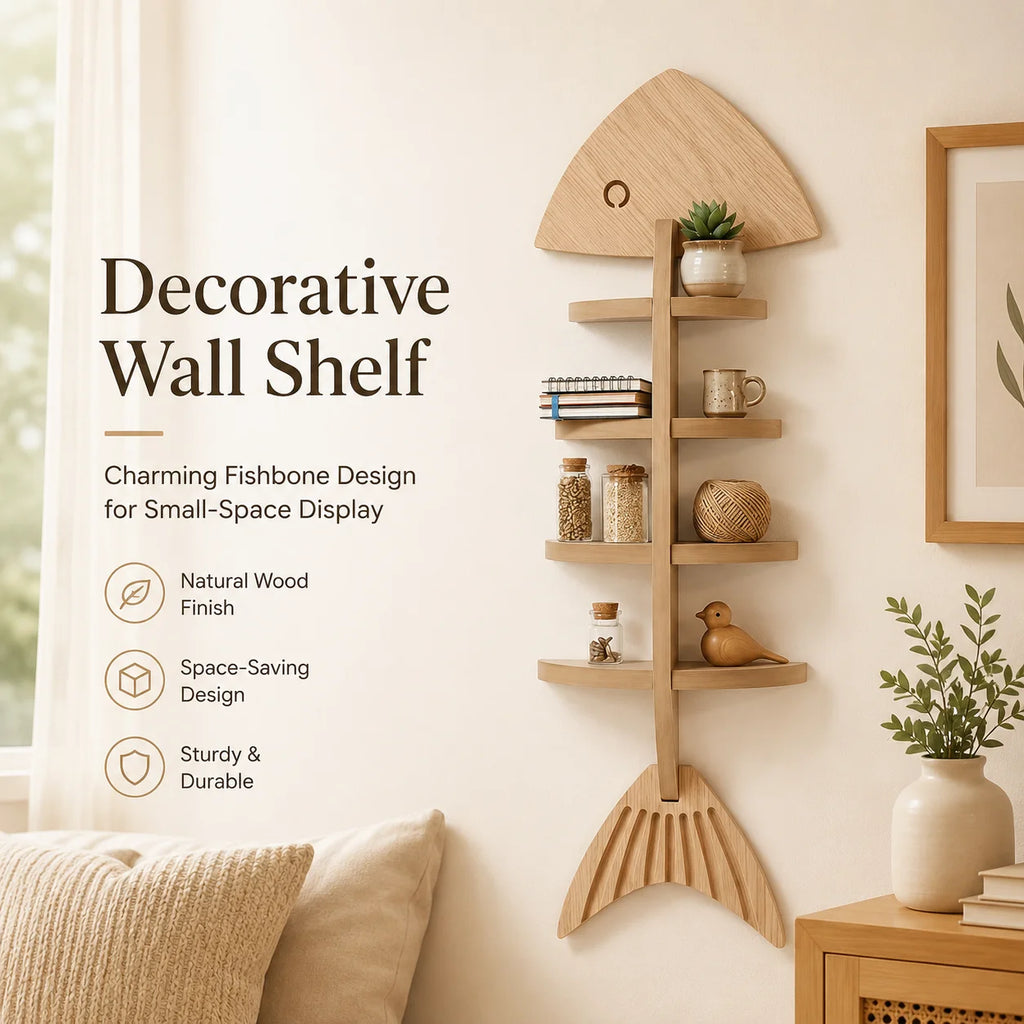 Cute Fish Skeleton Design Wooden Wall Decor Shelf, Multi-Tier Hanging Display Floating Shelves for Small Plants, Figurines, Books, Bathroom & Farmhouse Wall Decoration